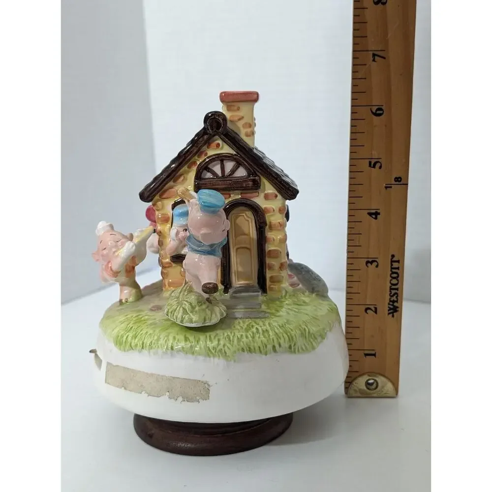 Vintage Disney Schmid Three Little Pigs & Big Bad Wolf Rotating Music Box - Rare